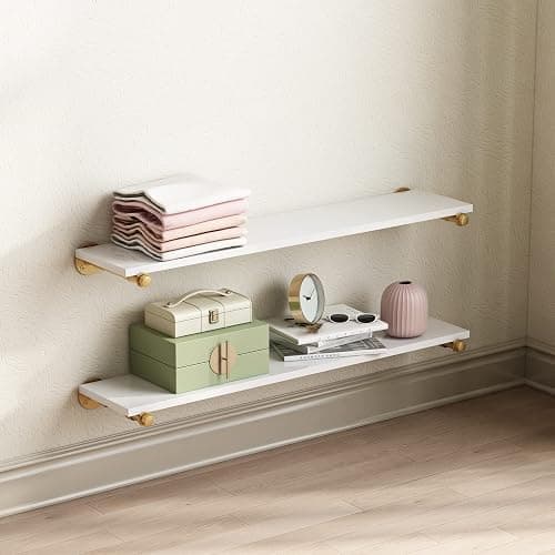 HOMEKAYT Industrial Pipe Clothing Rack Wall Mounted Garment Rack with 3-Tier Wooden Shelf Vintage Hanging Rack for Bedroom, Living Room - Gold thumbnail 7