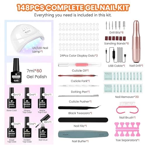 VANREESA 148Pcs Gel Nail Polish Kit with U V Light Almond Nail Tips Nail Drill -60 All Seasons Colors Gel Polish Set with 6Pcs Base Top Coat Gel Nail Kit for Beginners with Everything Gifts for Women thumbnail 8