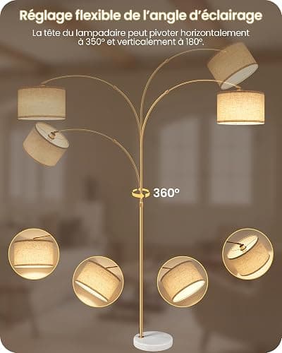 GOEBLESON Lampadaire de salon arc, lampe arquée réglable en hauteur de 158 à 188 cm, lampadaire à intensité variable avec télécommande, avec ampoule LED, beige noir, pour chambre à coucher thumbnail 4