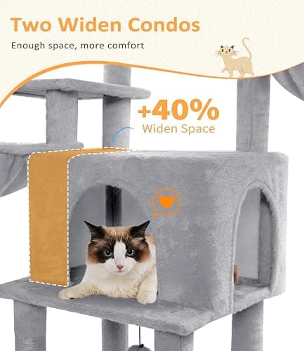 ABCPET Cat Tree Large Cat Tower Tree 68" Multi-Level Cat Tower for Indoor Cats with Sisal Scratching Posts, Widen Cat Perche, Square Hammock, 2 Widen Condos, Scratching Posts, Light Grey thumbnail 5