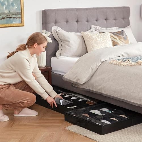 Lifewit Under Bed Shoe Storage Organizer Set of 2, 4.3 Inches Tall Low Profile Fabric Shoes Container Box with Clear Cover, Foldable Storage Bag with 2 Handles, Total Fits 24 Pairs of Shoes, Black thumbnail 2