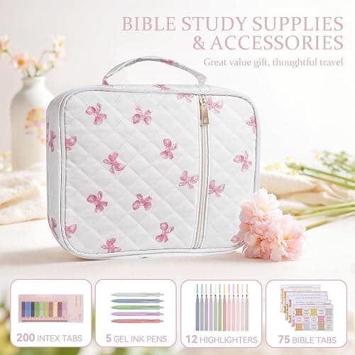 Bible Cover Case for Women, Large Quilted Bible Carrying Case with Handles, Bible Study Supplies & Accessories Christian Gifts for Women(Pink Bow) thumbnail 4