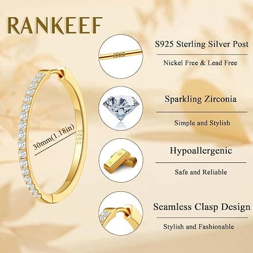 RANKEEF Gold/Silver Hoops Earrings For Women Hypoallergenic | S925 Silver Hoop Earings Lightweight Gold Hoops Gold Rhinestone Earring With Cubic Zirconia 20/30/40mm thumbnail 3