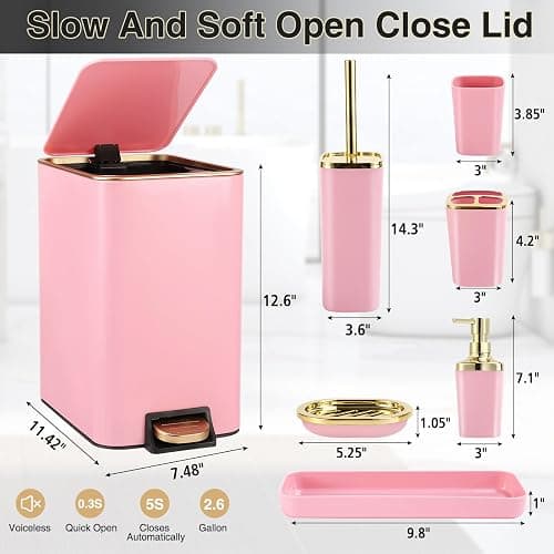 XLHOMO Pink Bathroom Accessories Set 8 Piece Pink and Gold Bathroom Set, Bathroom Sets with Stainless Steel Trash Can,Toilet Brush,Toothbrush Set,Soap Dispenser thumbnail 2