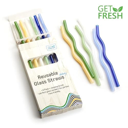 GET FRESH Reusable Wavy Glass Drinking Straws Set - 6pcs Colored Straws from Borosilicate Shatter Resistant Glass - Coloured Dishwasher Safe Wavy Cocktail Straws thumbnail 8