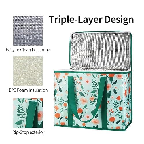 Bodaon 4-Pack Cooler Insulated Food Delivery Bag, X-Large Bags for Grocery/Catering/Shopping, Rideshare Delivery Bag, Thermal Hot Pizza, Large Cold and Frozen, XL Tote, Flower thumbnail 5