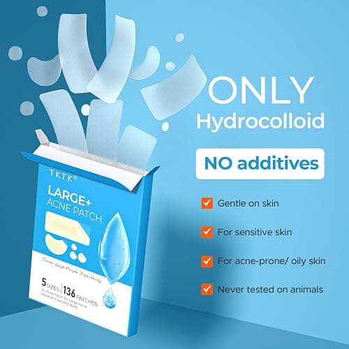 TKTK Large Pimple Patches for Face & Body, 68x27mm, 5 Sizes 136 Count | XL Hydrocolloid Bandage, Acne Patches Absorb Breakouts for Forehead, Chin, Nose, Chest and Back, Gentle on Sensitive Skin thumbnail 6