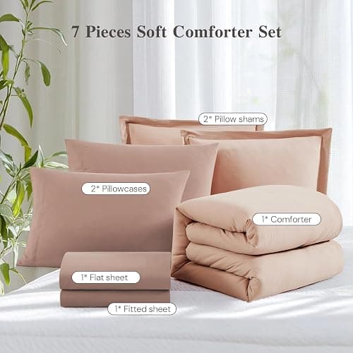 WRENSONGE Queen Comforter Set - 7 Pieces Clay Pink Soft Bed in a Bag Queen with Fitted Sheet, Flat Sheet, 2 Pillow Shams, and 2 Pillowcases- Warm Bedding Sets for All Season thumbnail 7