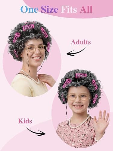 URATOT 5 Pieces Halloween Old Lady Wig Costume Set Grandma Wig Hair Rollers Glasses Chain Necklace Bracelet thumbnail 3