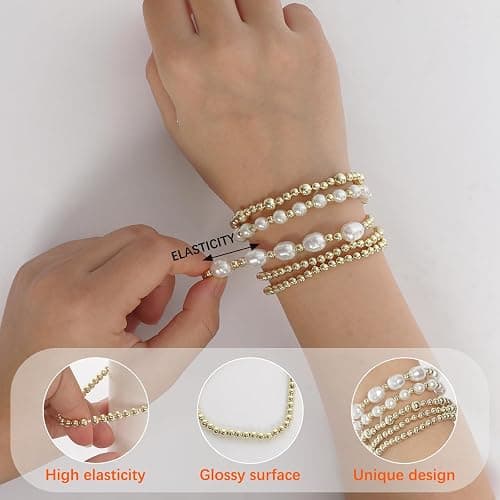 Gold Bracelets for Women Pearl Bracelet 14k Gold Plated Beaded Bracelet for Women Gold Stretch Bead Ball Bracelets Set Adjustable Gold Jewelry for Birthday Christmas Mother's Day Gifts thumbnail 3