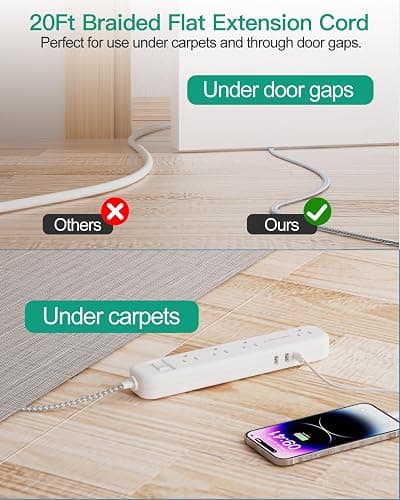Flat Extension Cord 20 FT Multiple Outlets- Surge Protector Power Strip 8 AC Outlets 3 USB Fast Charge (3.4A 17W) 1080 Joules Long Braided Cord Wall Mountable for Home Office College Dorm 13A 1625W thumbnail 5