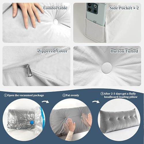 Bilimili Headboard Pillow Twin, 39" Wedge Reading Pillow for Bed Sitting Up, for College Dorm Bed & Sofa, Soft Plush Cover with Side Pockets, Beige thumbnail 7
