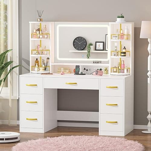 CSZZD White Vanity Desk with 360° Rotating Organizer & Charging Station | Large Makeup Vanity with LED Lighted Mirror and 6 Storage Drawers, Bedroom Vanity Table for Women Girls thumbnail 9