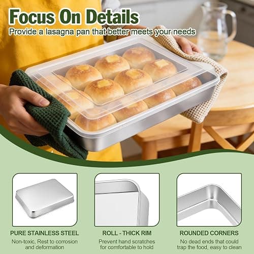 TeamFar Lasagna Pan, 12.3’’ x 9.75’’ x 2’’ Stainless Steel Rectangular Cake Brownie Baking Pan with Lid, Non-Toxic & Heavy Duty, Brush Surface & Deep Side, Dishwasher Safe-2 Pans+2 Lids thumbnail 5