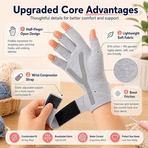 Coopay Crochet Gloves with Anti-Slip Grip, Fingerless Compression, Size M | Ergonomic Hand Support for Crocheting, Knitting and Crafting, Reduces Strain During Long Sessions, Lightweight, Fingerless thumbnail 4