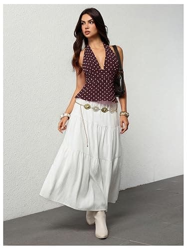 Milumia Women's Polka Dots Halter Top Y2k Tie Backless V Neck Ruffle Hem Peplum Tank Tops thumbnail 4