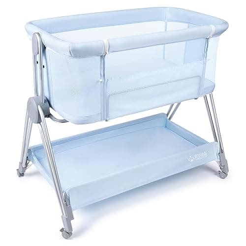 KOOLABABY Baby Bedside Sleeper - Bassinet & Bedside Crib with Height Adjustment & Wheels - Can Be Placed Next to Bed - Attaches to Parents Bed - Easy to Fold & Carry Bassinet for Boys (Blue)