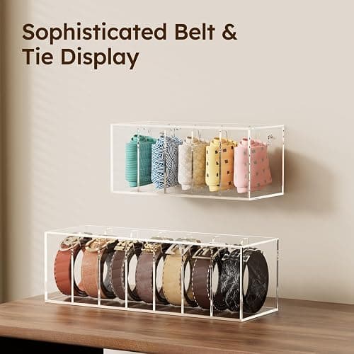 FEMELI Belt Organizer, Acrylic Belt Storage for Closet with Dust Cover, 7 Compartments Belt Container Display Holder for Drawer, Clear Belt Tie Case for Women Men Home thumbnail 6