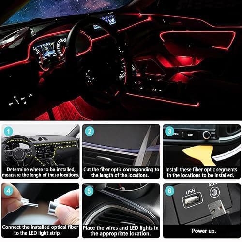 DEHERANE Interior Car LED Strip Lights, RGB 6 in 1 Ambient Lighting Kit with 315 inches Integrated Fiber Optic, 16 Million Colors Car Interior Lights with Wireless APP& Remote Control, Sync to Music thumbnail 7