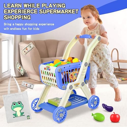 Kids Shopping Cart - 2 in 1 Toy Shopping Cart with Play Food Fruit Vegetable Dessert and Shop Accessories, 72pcs Pretend Play Grocery Store Toy Kitchen Game Trolley Play Set for Kids (Navy Blue) thumbnail 7