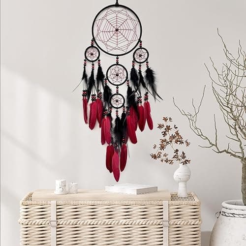 SOYUZU Red and Black Dream Catcher Large Dream Catchers Wall Decor Handmade Feather Dreamcatcher Wall Hanging Ornament for Bedroom Living Room Home Decor thumbnail 2