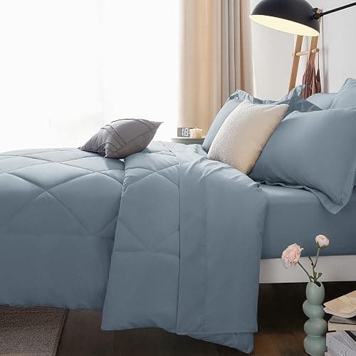 CozyLux Queen Comforter Set Dusty Blue - Bed in a Bag Queen Size 7 Pieces, Luxury Soft Bed Set for All Seasons, Bedding Set with Down Alternative Comforter, Sheets, Pillowcases & Shams, Grayish Blue thumbnail 9