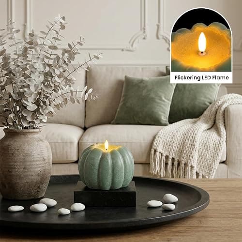 Sage Green Pumpkin Decor, Fall Decorations for Home - Sage Green Flameless Pumpkin Shaped Candle with Remote and Timer, LED Flickering Battery Operated Candle for Fall Decor, 5.31" W, 5.1" H thumbnail 2