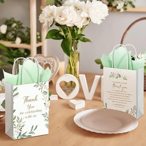 Fuutreo 100 Set Wedding Gift Bags with Tissue Paper Wedding Welcome Favor Paper Bags for Guests with Handles Thank You Bridal Shower Hotel 21 * 8 * 15cm(Eucalyptus Leaves) thumbnail 5