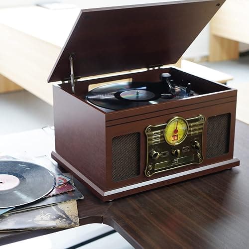 FEKTIK Bluetooth Record Player 10 in 1, 3-Speed Turntable for Vinyl with Speakers, LP to MP3 Converter, CD, Cassette Player, FM Radio, Wireless Streaming | Mahogany - Mahogany thumbnail 5