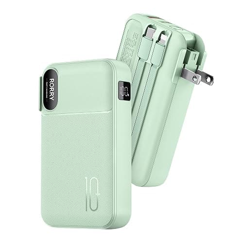 RORRY Portable Charger Built in Cables, AC Wall Plug In Portable Charger Power Bank 10000mAh Travel Battery Pack 22.5W Fast Charging for iPhone 17/16/15 Samsung Galaxy S24/S23/S22 Pixel LG iPad, Green - Image 1