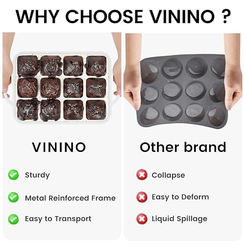 Vinino Silicone Brownie Pan With Dividers, 2 Pack Mini Loaf Pan for Baking Individual, Nonstick 12 Cups Square Muffin Cupcake Pans with Metal Reinforced Frame-Cream thumbnail 6