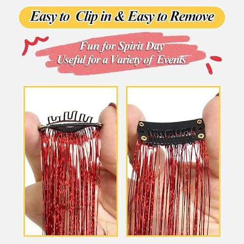 OSUNTRESS Red Hair Tinsel Clip In Accessories for Women 480 Strands 6Pcs | 20-22 Inch Fairy Clip On Hair Tinsel Kit Glitter Heat Resistant Straight Colored Extensions for USA Girl Festival Party Beach thumbnail 4