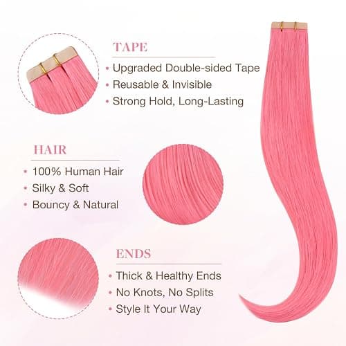 GOO GOO Tape in Hair Extensions Human Hair, Light Pink, 18inch 25g 10pcs, Colored Tape ins Human Hair Extensions, Silky&Soft Invisible Tape Ins, Hair Highlighted for Party thumbnail 2