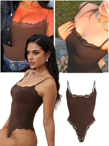 Starrylion Lace Body Suit Square Neck Tops for Women Sleeveless Spaghetti Strap Tank Top Bodysuits for Women Sexy Jumpsuit thumbnail 3