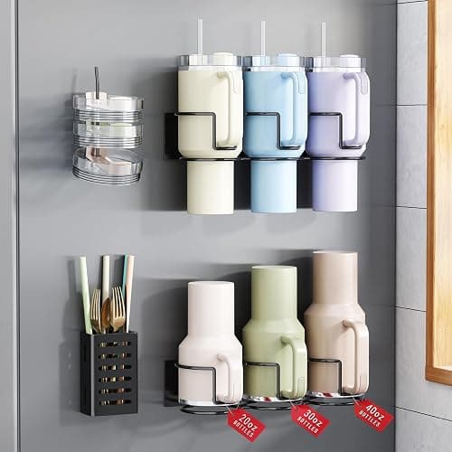 Magnetic Cup Holder for Fridge, Aufworld Tumbler Organizer Fits 20/30/40 oz Stanley Cups, Accessory Storage with Lid & Straw Holder, Space-Saving Storage Rack for Kitchen Fridge (Black-Cup Holder Set) - Image 1
