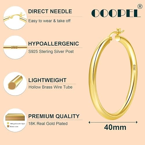 4mm Thick Gold Chunky Earrings Steling Silver Post Hoops Earrings For Women Hollow Tube Hoops Earrings Thick Gold Hoop Earrings Hypoallergenic Lightweight Gold Hoop Large Earrings 20/30/40/50/60MM thumbnail 2