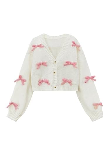 SHENHE Girl's Bow Button Down Knitted Cardigan V Neck Loose Cute Crop Sweater Outwear - Image 1