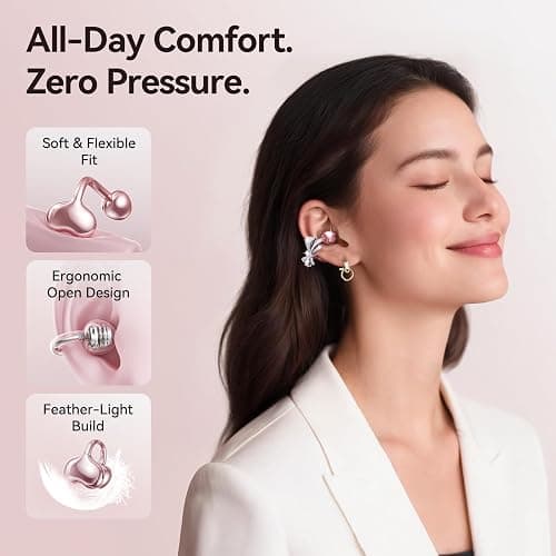 Kinglucky Jewelry-Inspired Clip-On Earbuds with Bow Earrings, Comfortable Fit & 50H Playtime Open Ear Bluetooth 5.4 Wireless Headphones for Women, Small Ears, Sports & Workouts (Pink) thumbnail 3