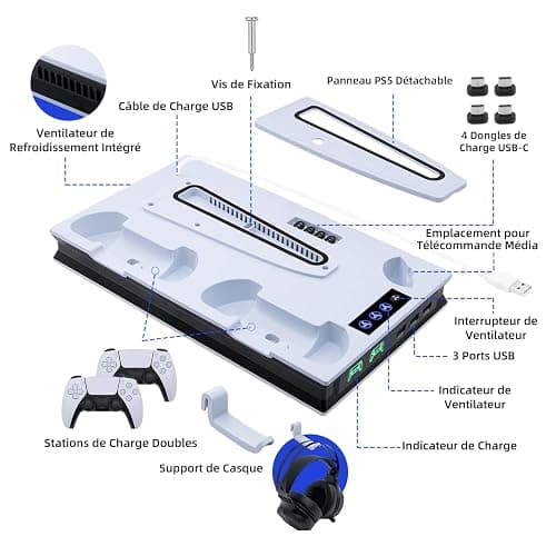 Wigearss PS5/PS5 Slim/PS5 Pro Ventilateur Station de Refroidissement, Support de Charge Vertical avec Chargeur Double Manette, Vitesse de Ventilation Réglable sur 3 Niveaux thumbnail 9