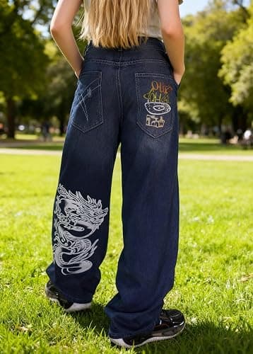 Unisex Y2K Hip Hop Street Jeans with Skeleton Print, Gothic Baggy Jeans, Vintage High Waist Denim, Wide Leg Pants thumbnail 5