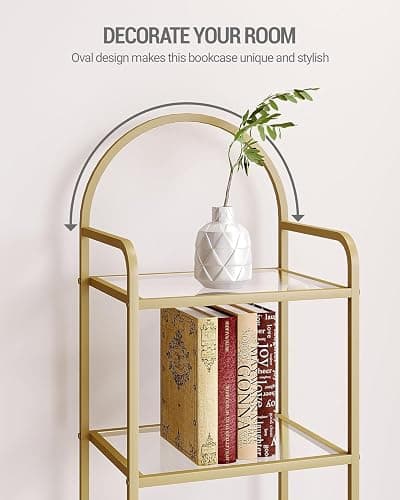 Hzuaneri Bookcase Bookshelf, Tempered Glass Bookshelves, Slim Shelving Unit for Bedroom, Bathroom, Home Office, Steel Frame, 5 Tier Gold BC05001G thumbnail 6
