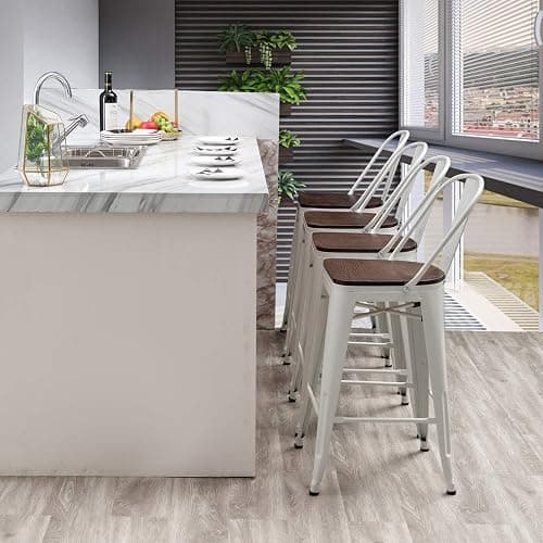 Aklaus Metal Bar Stools Set of 4,26 inch Barstools Counter Height Bar Stool with Backs Farmhouse Bar Stools with Larger seat High Back Kitchen Dining Chairs Modern Bar Chairs White Cream Stool thumbnail 9