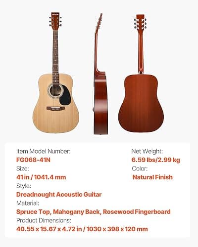 VEVOR Dreadnought Acoustic Guitar, 41 in, 6-String Natural Solid Spruce Top Guitar, Beginner Bundle with Gig Bag, Tuner, Strap, Strings, Picks, Capo, Rosewood Fingerboard, for Adults Taller Players thumbnail 7