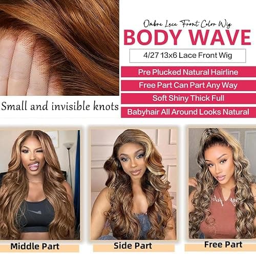 32 Inch Honey Blonde Body Wave Lace Front Wig Human Hair 13x6 HD Lace Front Wig Ombre Highlight 4/27 Colored 180% Density Pre Plucked Brazilian Virgin Wigs for Women thumbnail 5