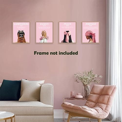 Pleonox Pink Christian Black Women Wall Art Prints 8x10 Inch Set of 4, Trendy Preppy African American Woman Bible Verse Pictures Wall Decor for Black Girl Room Bedroom Home Living Room, Unframed thumbnail 5