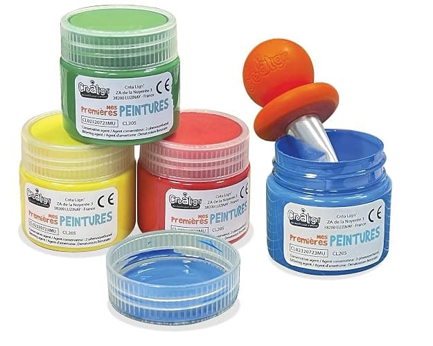 Créa Lign | Mes 1ères Peintures 12 mois+ | Coffret 4 Pots 80 ml (Rouge, Vert, Bleu, Jaune) | Lavable, Non Coulante | Activité Créative pour Bébés et Tout-Petits thumbnail 3