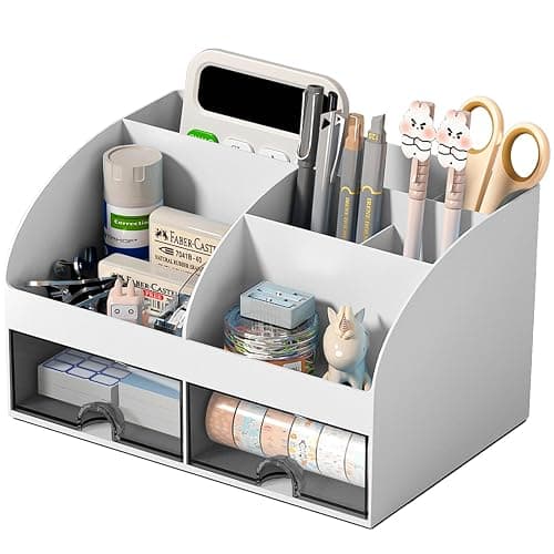 COMFYROOM Desk Organizer with 6 Compartments and 2 Drawers, Plastic Makeup Organizer, Pen Holder for Desktop Storage, Desk Organization for School, Home, Office Supplies (Grey) - Grey - Image 1