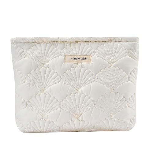 uekeboag White Quilted Cotton Makeup Pouch,Coquette Quilted Toiletry Bag for Women and Girls, Floral Coquette Organizer Bag, Aesthetic Travel Cosmetic Bags(03White Shells) - 03White Shells - Image 1