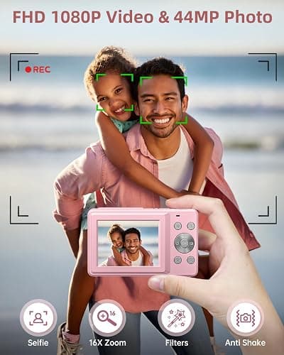CAMKORY Digital Camera, Full HD 1080P Point and Shoot Camera, 44MP Kids Camera with 32GB Card, 16X Zoom, Pink thumbnail 2