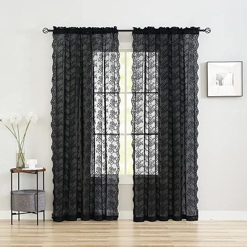 YJ YANJUN Vintage Lace Curtains 84 Inches Long-Victorian Floral Pattern Black Sheer Curtain Panels for Living Room Bedroom,Light Filtering, Gothic Witchy Halloween Drapes 2 Panels 52W x 84L thumbnail 3